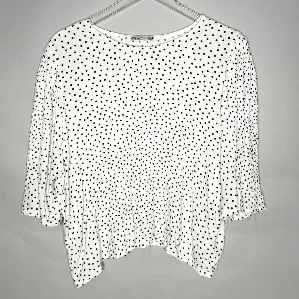 Zara M Womens Polka Dot Puff Sleeve Blouse Black White Classic Retro